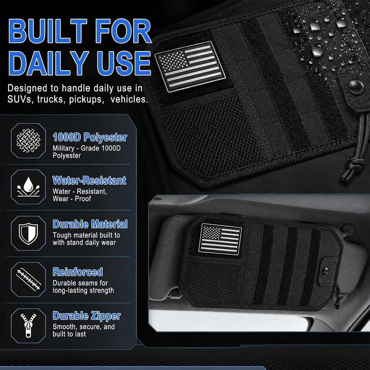 Molle Panel Car Sun Visor Organizer, Zipper Storage Pouch & Glasses Clip