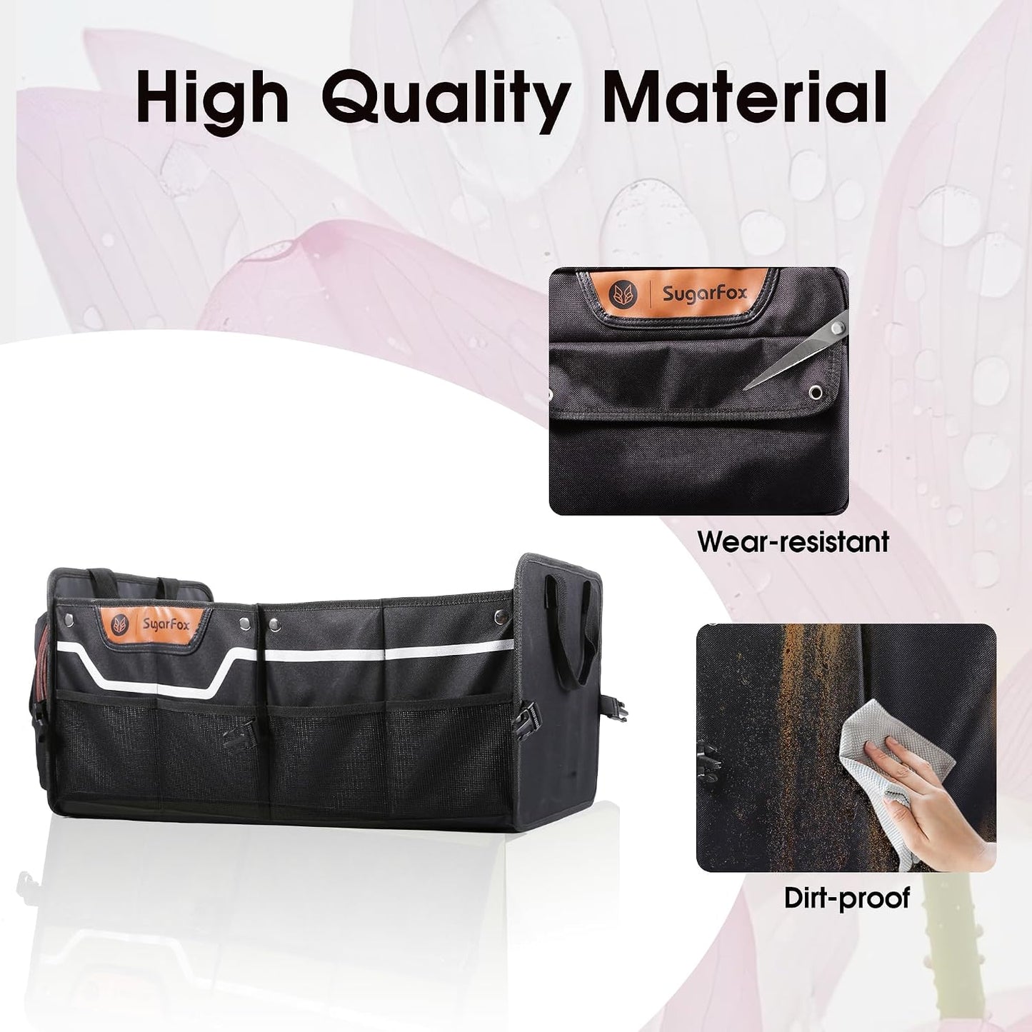 SugarFox Car Trunk Organizer for SUV, 70L Heavy Duty Waterproof Trunk Organizer, Foldable Vehicle Organizer with Anti-Slip Base, 24”x13.8”x11.8”, BLACK-M003