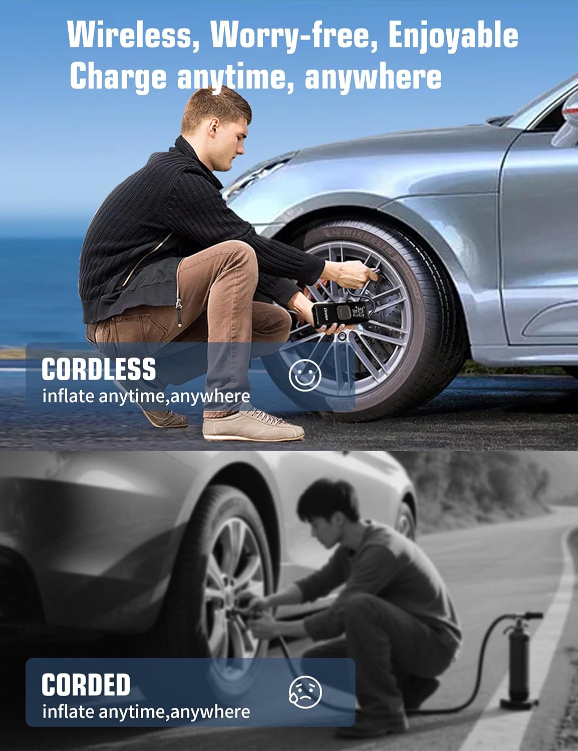 Tire Inflator Portable Air Compressor, 3X Faster 25000mAh 160 PSI Air Pump for Car Tires- Cordless, with Pressure Gauge, LED Light & Digital Display, for Car, Pickup, Truck, Motor, E-Bike and Bicycle