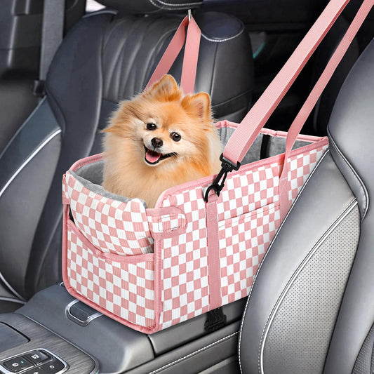 Console Dog Car Seat - Portable Dogs Armrest Booster Seat for Small Dog, Foldable Pet Car Seat with Safety Belt, Pink Checkered