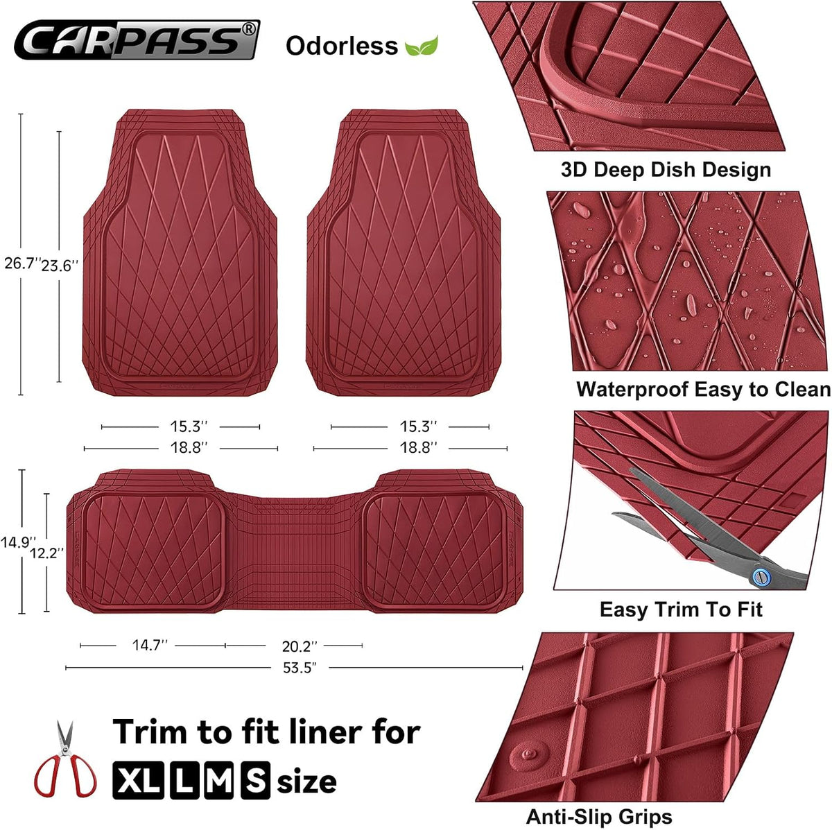 CAR PASS Heavy Duty Rubber Car Floor Mats, Waterproof Universal Trim-to-Fit Car Mats All Weather Floor Mats for SUV Truck Sedan, Premium Auto Floor Mats Full Set 3 Piece Anti-Slip, All Burgundy Red