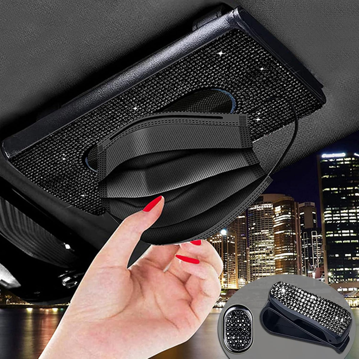 Unifizz Car Tissue Holder Sparkling Bling Car Visor Tissue Holder Mask Holder Tissue Box PU Leather Crystals Tissue Case Car Backseat Tissue Dispenser Bling Car Accessories for Women (Black)