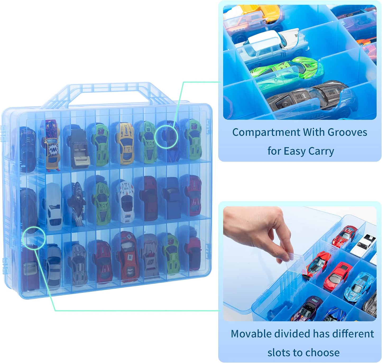 Double Sided Storage Case for 48 Cars, Matchbox Cars, Mini Toys, Small Dolls - Portable Transparent Case (Blue)