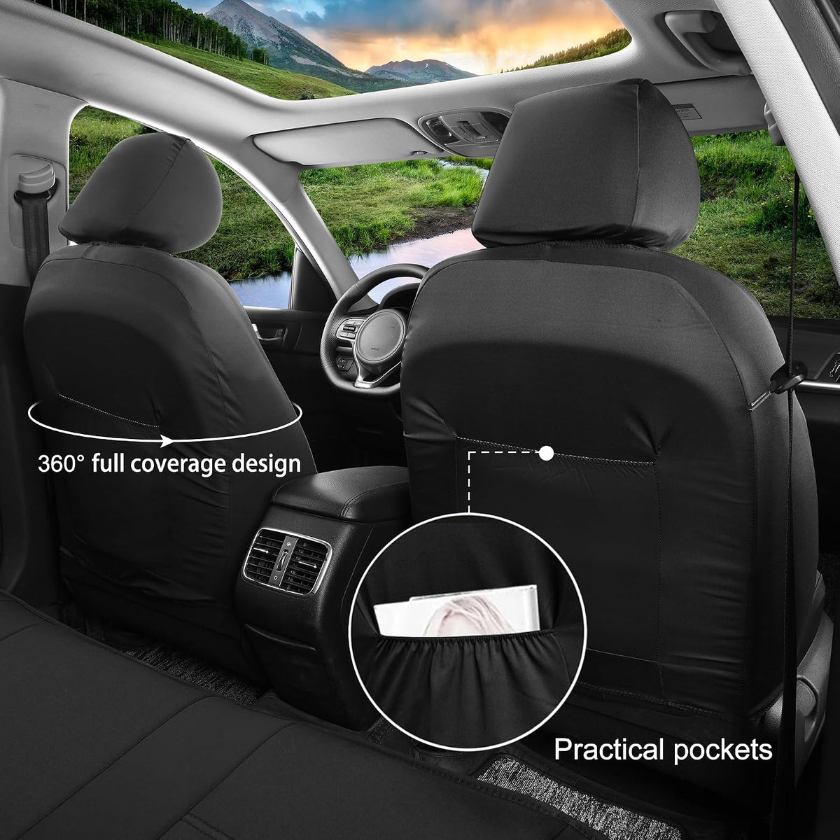 GIANT PANDA Waterproof Neoprene 2 Pack Front Car Seat Covers Custom Fit Chevy Silverado & GMC Sierra 1500 2500 3500 2007-2026 Crew Extended Double Cab Trucks, Leak-Proof Wetsuit (Black)