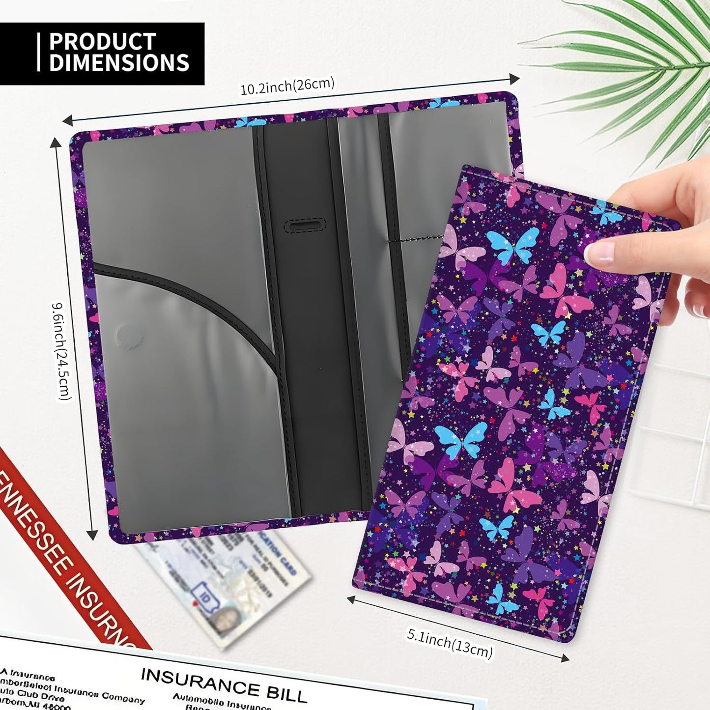 Leather Car Registration and Insurance Card Holder, Cute Car Accessories Vehicle Glove Box Car Organizer for Documents, Cards, License Cute Purple Butterfly