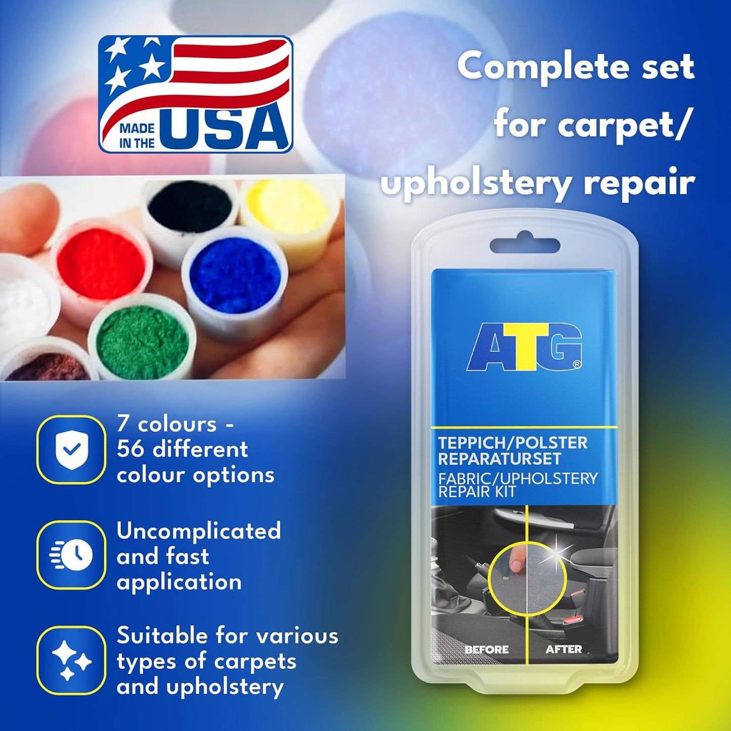 ATG Upholstery Repair Kit - Car Seat Repair Kit Fabric - Fabric Repair Kit - Carpet Repair Kit - CarSeat Patch - Burn Hole Repair Kit - Sofa Repair Kit - Car Seat Leather Repair