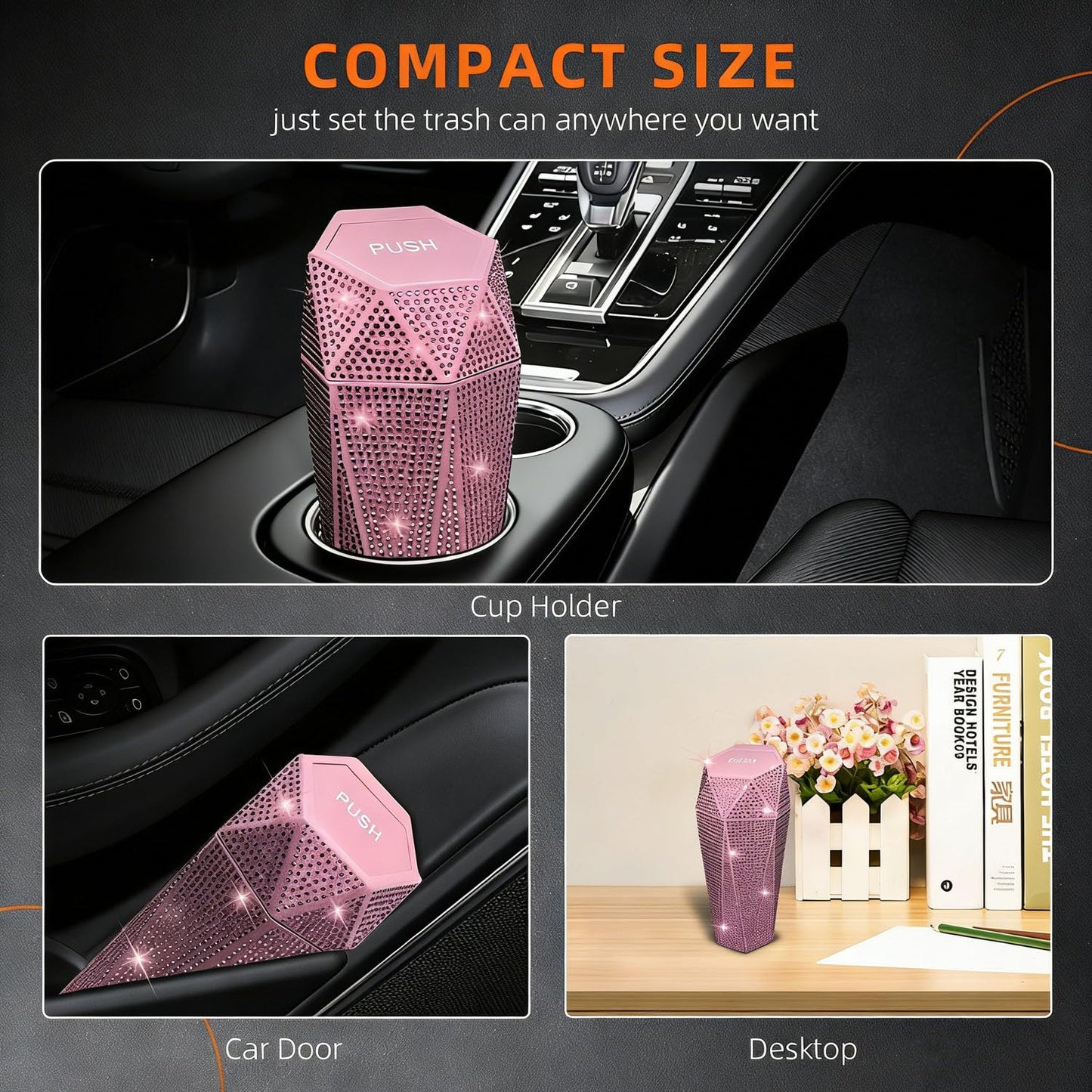 NBTEPEM Bling Car Trash Can with Lid, Bling Car Accessories Trash Bin, Leakproof Auto Garbage Can with 30 Trash Bags, Multipurpose Organizers and Storage for Home, Office (Pink Diamond)