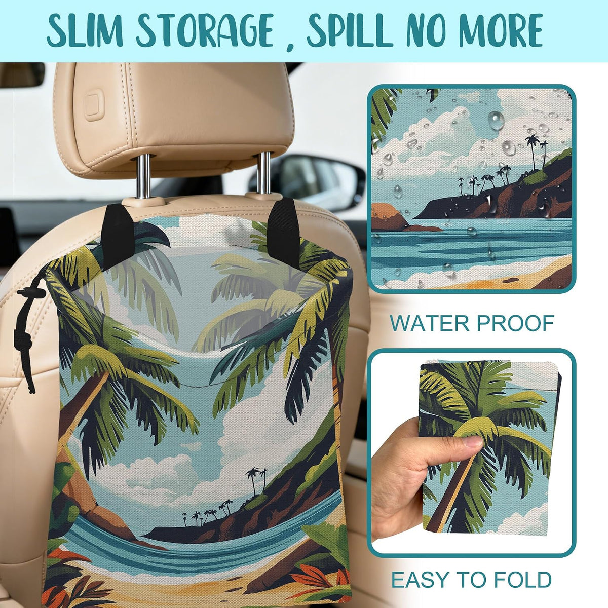 Car Garbage Bag Tropical Beach Palm Trees Drawstring Car Trash Bag Hanging for Back Seat with Adjustable Buckle Canvas Vehicle Trash Can Easy-to-Install