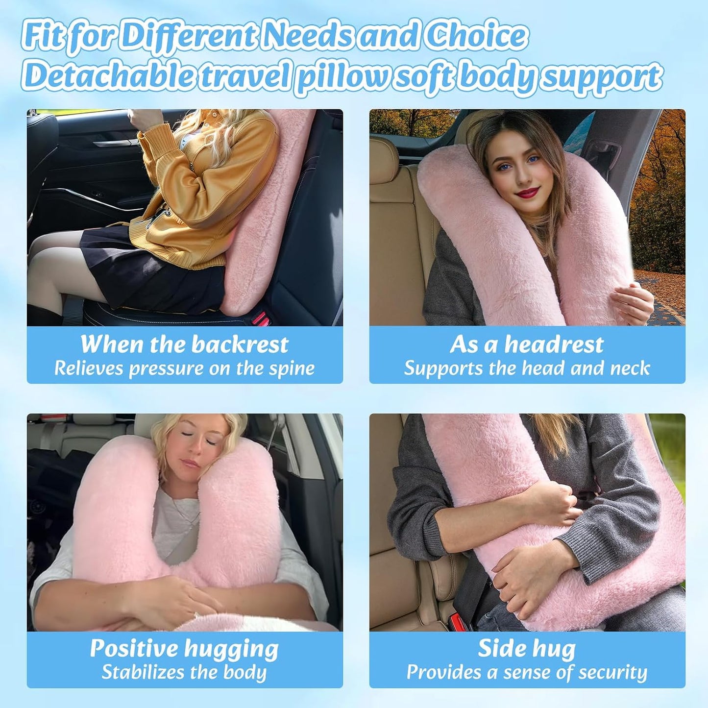 Swemos Travel Pillow, Car Pillow for Kids & Adults - Ergonomic Travel Pillows Sleeping Aid for Neck & Body Support, Car Travel Essentials Pillow on Road Trips-Gray (Blue)
