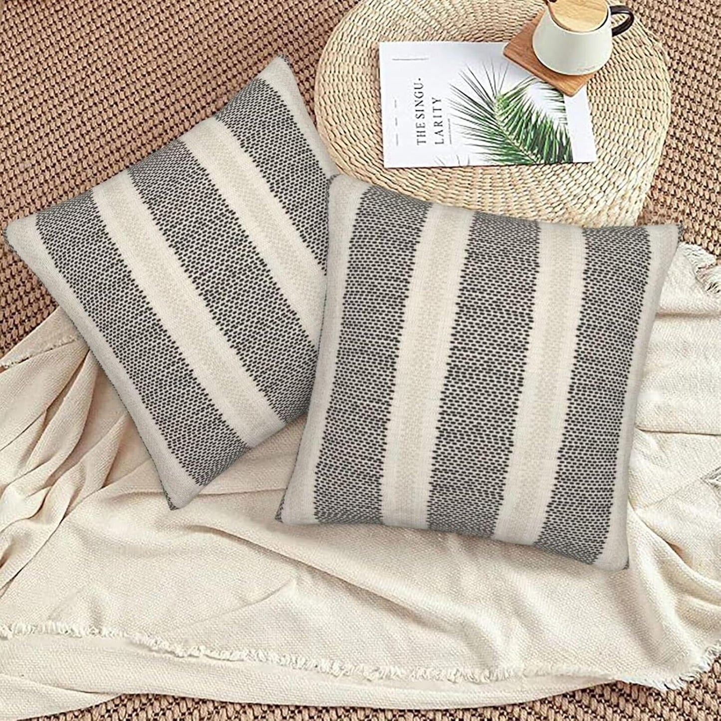 Black Polka Dot Pillow Covers 16 x 16 Inch Set of 2 Boho Striped Decorative Outdoor Throw Pillow Covers Linen Modern Geometry Cushion Cases for Home Sofa Couch Living Room Decor