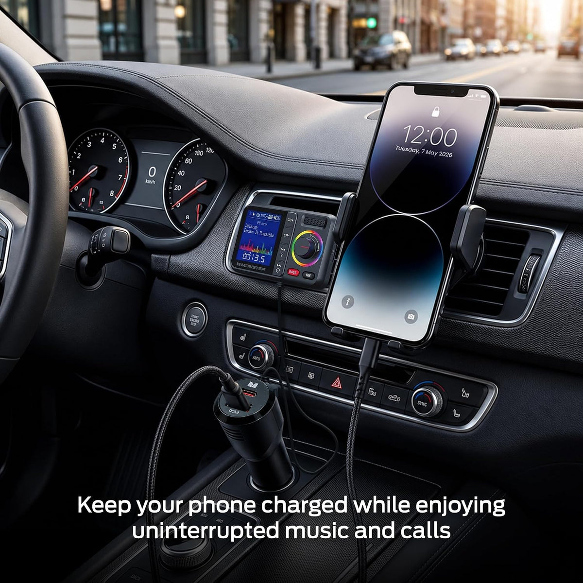 Monster 48W Bluetooth FM Transmitter for Car, Bluetooth Car Adapter with Dual Fast Charger (PD 30W USB-C + QC3.0 USB-A), Car Battery Voltage Display, Hands-Free Calls, Vent Mount, Black