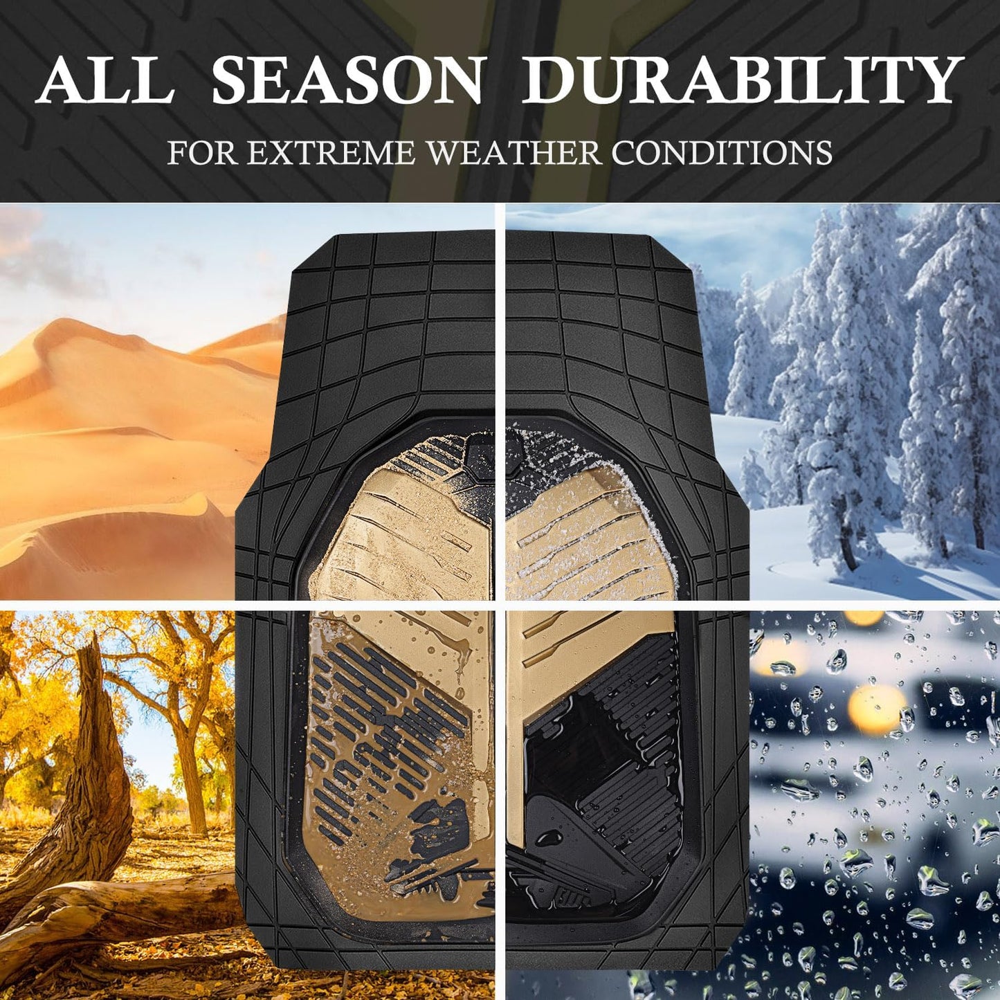 CAR PASS Heavy Duty Rubber Car Mats, Deep Dish Car Floor Mats All Weather, Car Mats Full Set 4-Piece Trim to Fit for Sedans SUVs Trucks, Waterproof Anti-Slip Automotive Mats, V12 Black Champagne Gold