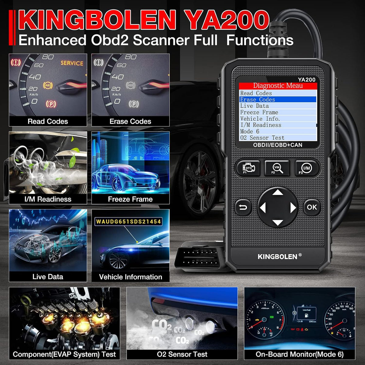 KINGBOLEN YA200 OBD2 Scanner, Car OBD2 Code Reader Check Engine Light