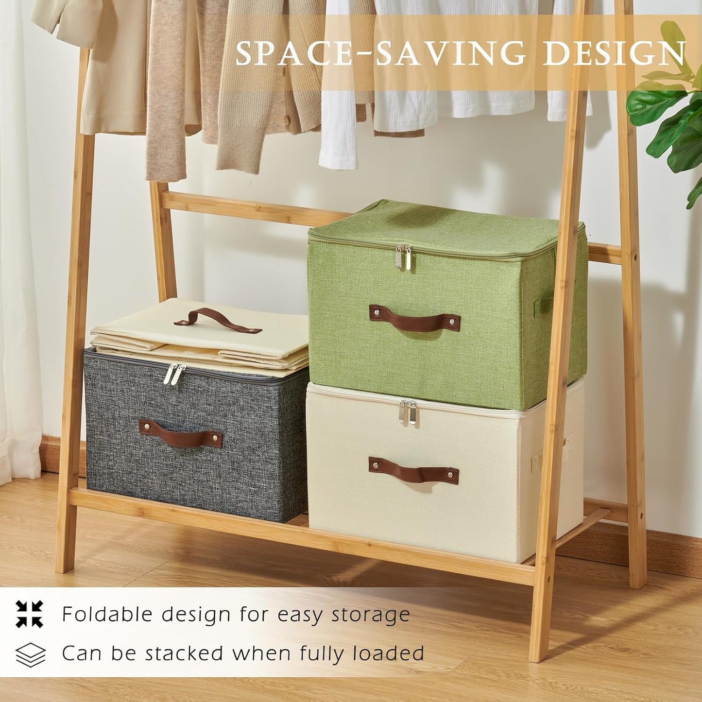 Storage Bins with Zipper Lid Cotton Linen Fabric Lidded Storage Baskets Boxes Foldable Washable Closet Shelf Clothes Organizer Container with PU Leather Handles (Teal Blue, Large)