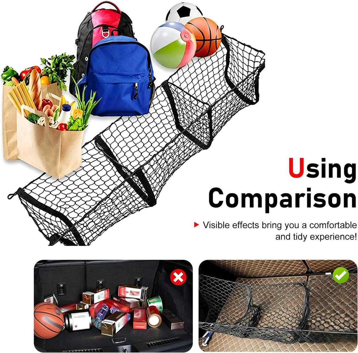 Cargo Net, Stretchable Cargo Net for SUV, Adjustable Elastic Trunk Storage Net with 4 Hook, 3 Pocket Heavy-Duty Mesh Storage Organizer, Universal for Car, SUV, Pickup Truck, Van Trunk