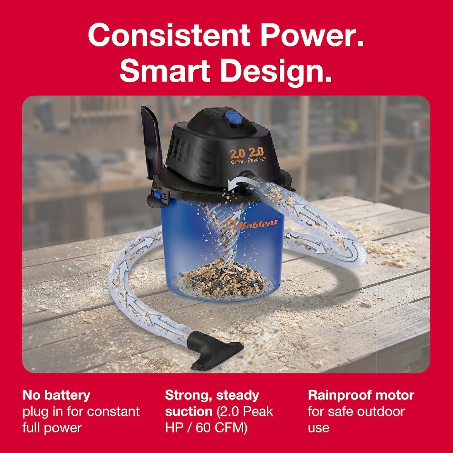 Koblenz WD-2L Wet Dry Vacuum Cleaner, Home Car Garage Workshop, 2.0 PHP