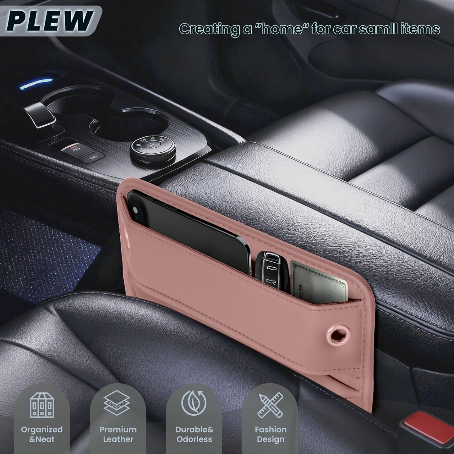 2-Pack Car Seat Gap Filler Organizer - Upgraded Anti-Slip Strap Design - Premium Leather Side Console Pocket - Prevent Phone Falling - Universal Fit Car Essentials for SUV, Truck & Sedan,Pink