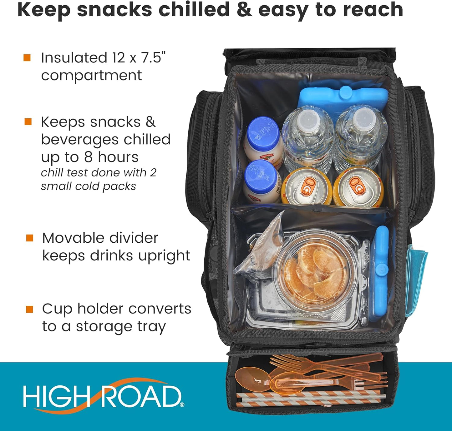 High Road CarHop Car Caddy Organizer with Road Trip Cooler, Car Cup Holder Bin, Sturdy Snack and Play Lid and 6 Organization and Storage Pockets, Starry Night