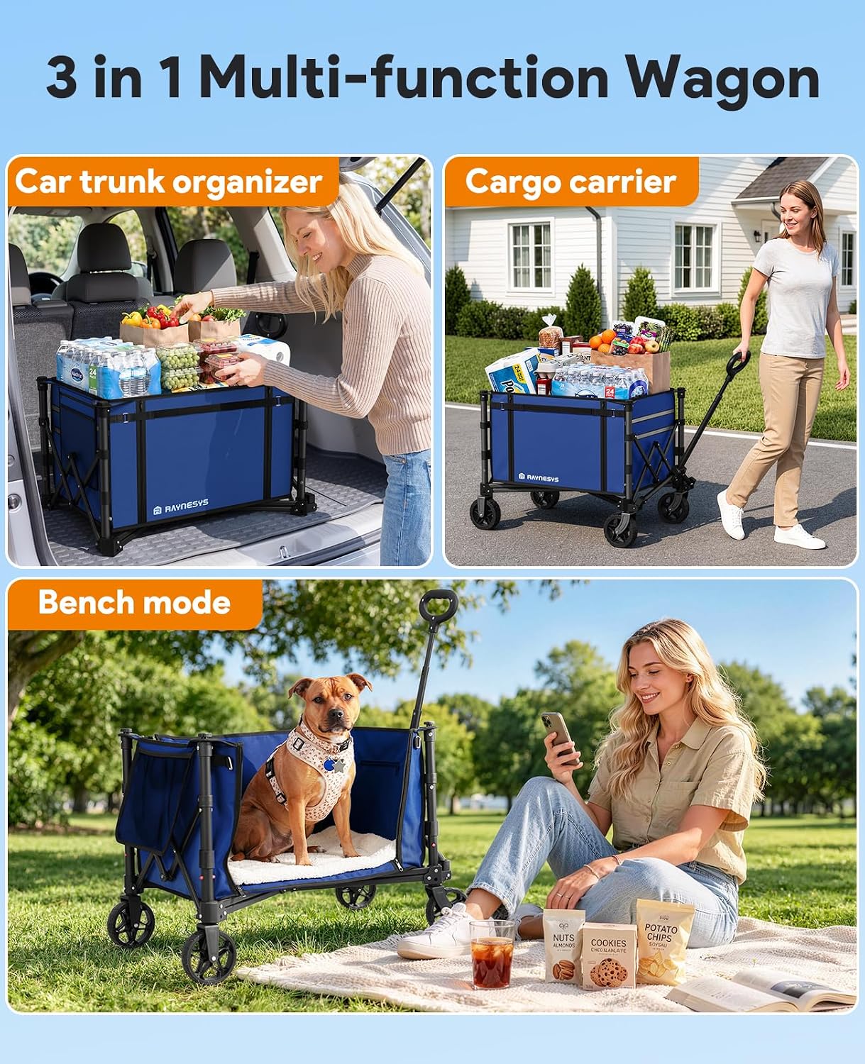 Collapsible Wagon with Wheels,120L Wagon Cart for Camping Groceries Beach | 220lbs Capacity Wagon Carts Foldablet,Smallest Folding Size,Lightweight Portable,Adjustable Handle,Transport long items