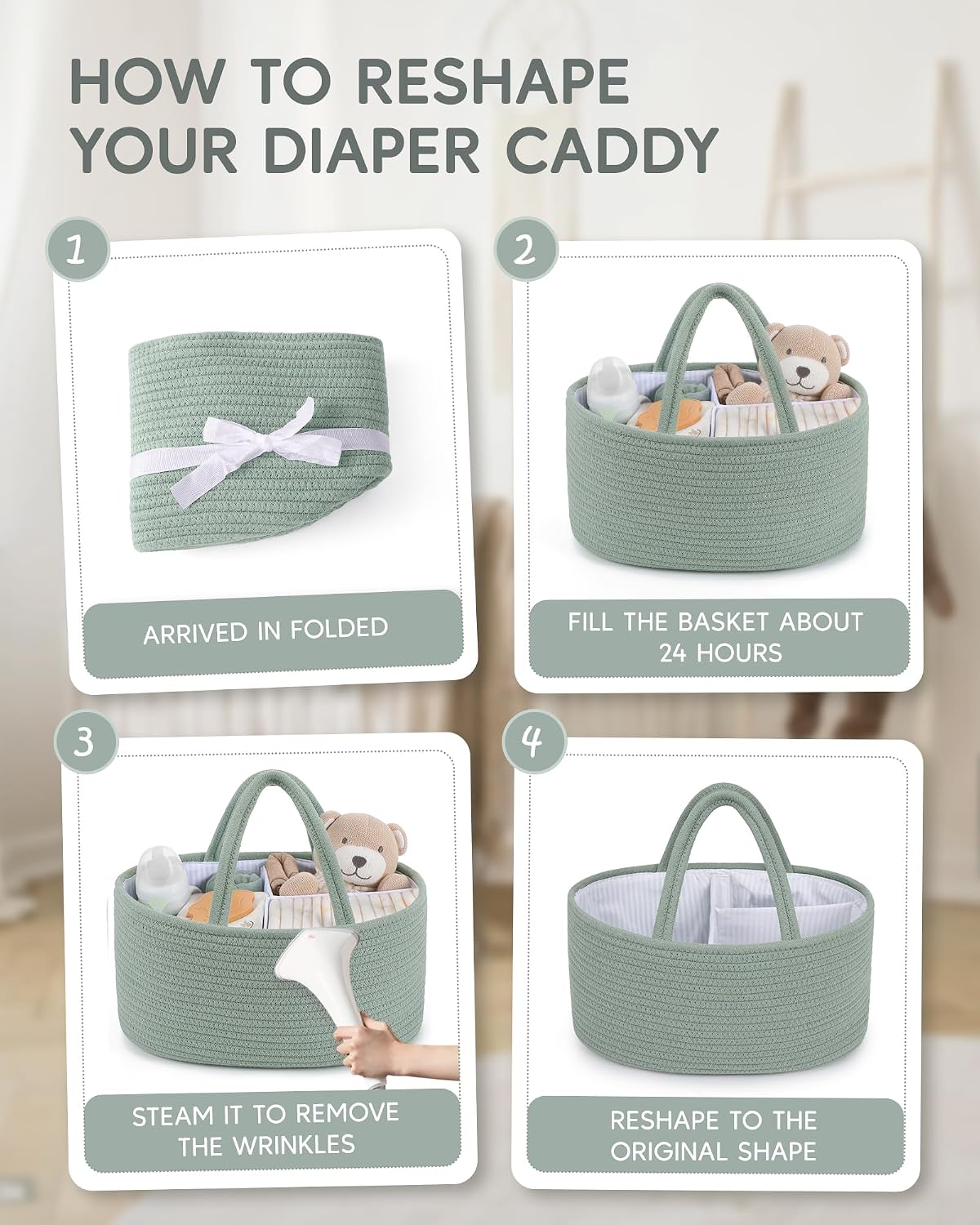 Maliton Diaper Caddy Organizer for Baby, Portable Diaper Storage Organizer for Changing Table and Car, Cotton Rope Nursery Storage Bin Basket for Baby Shower, Newborn Essentials Must Haves - Green
