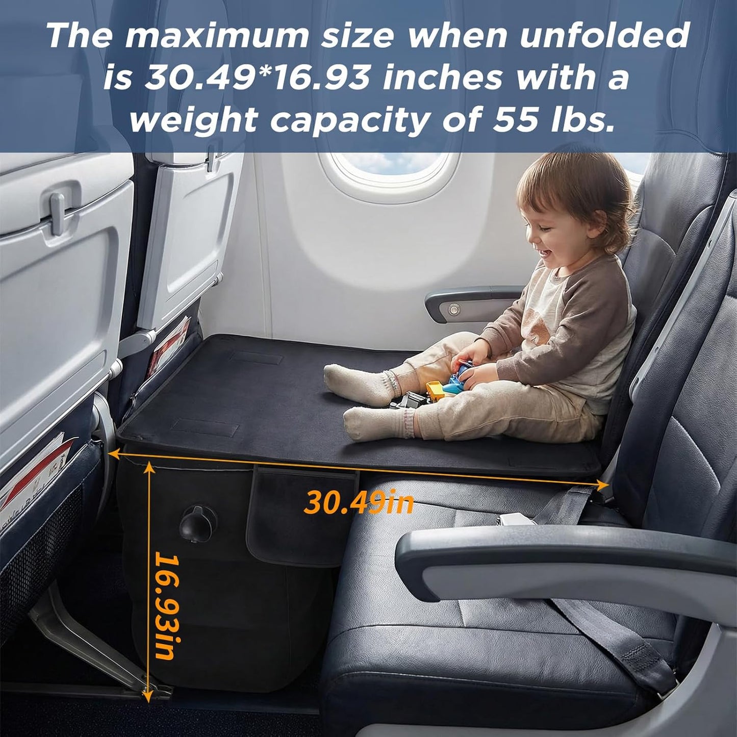 Toddler Airplane Bed | Kids Airplane seat Extender | Easy to Install for ariplane, Train, Cars | Kids Airplane Travel Essentials | Foot Rest Cushion (with Foot Pads)