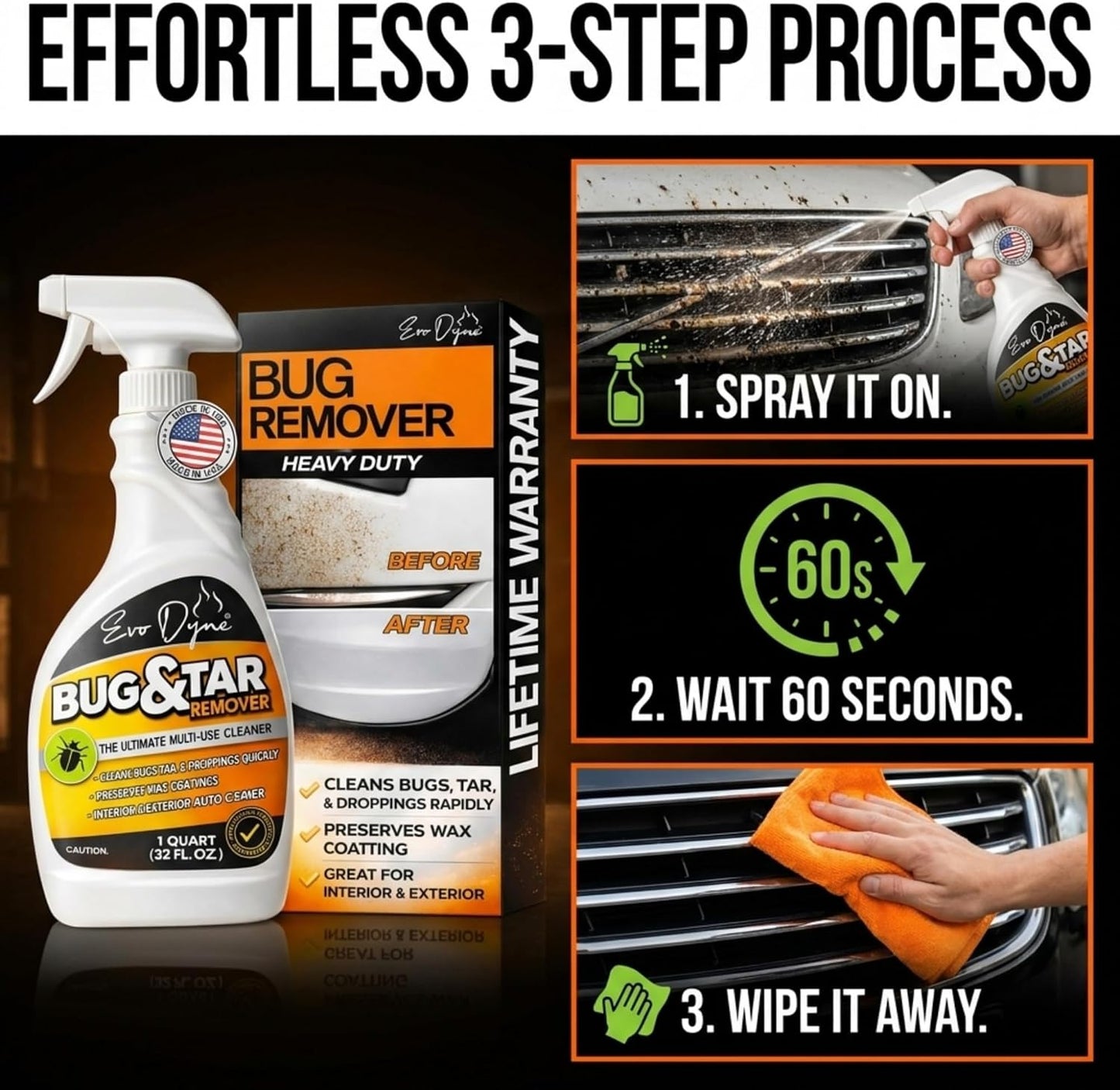 Evo Dyne Bug Remover for Car Detailing (32 fl oz Per Bottle), Made in the USA - Car Interior Cleaner Removes Tar, Droppings, Guts, Dirt, Grease | Ultimate Tree Sap Remover
