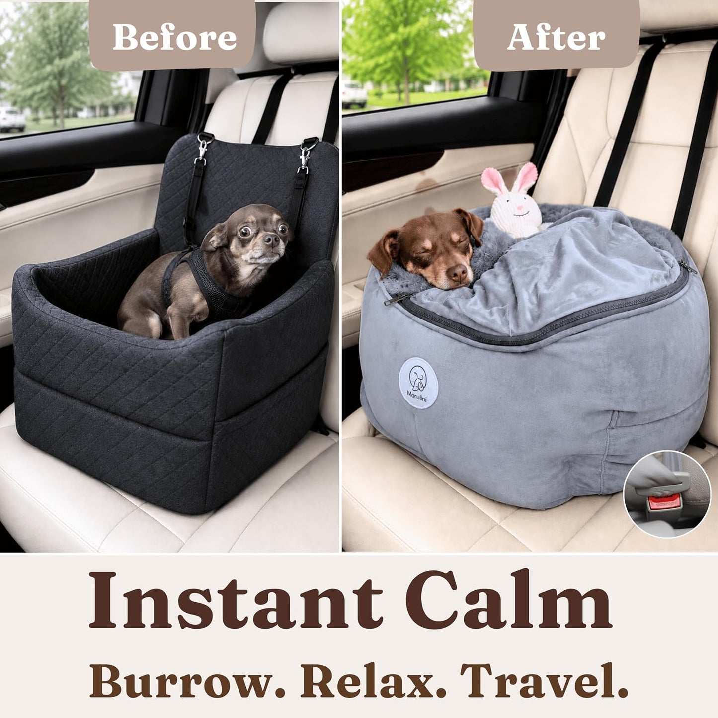 Orthopedic Dog Car Seat for Small Dogs up to 25lbs | Original Calming Burrow Nest, Car Anxiety Relief, 6" Memory Foam Booster & Travel Bed, 5 Point Safety,All Season