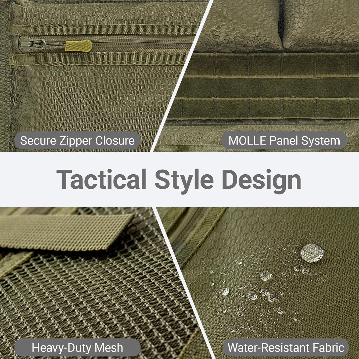Tactical Car Seat Organizer with Multiple Pockets, MOLLE Panel System & Mesh Compartments, Durable Nylon Universal Vehicle Seat Back Storage with Cup Holder, Water-Resistant (Army Green)
