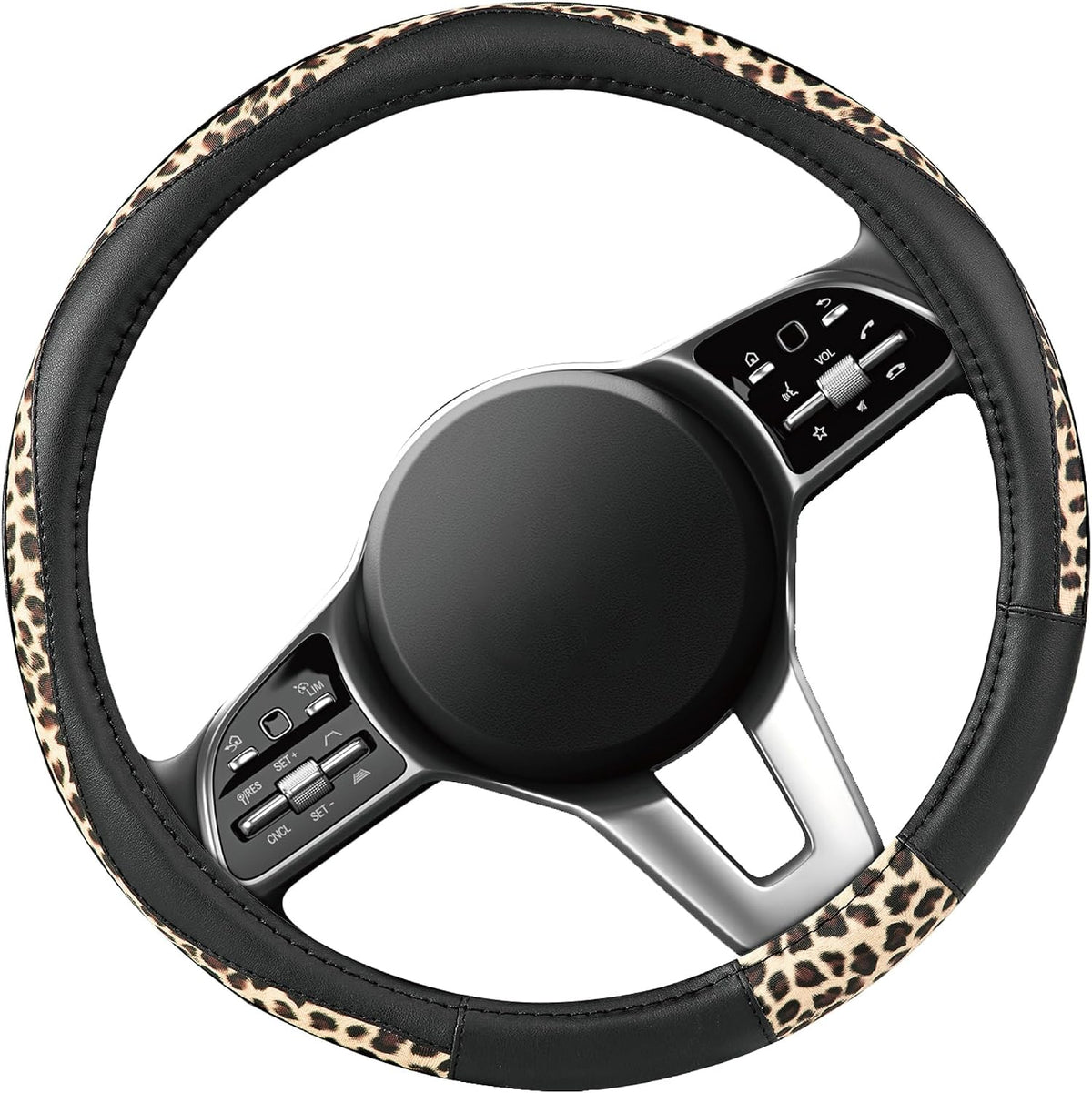 Road Comforts Steering Wheel Cover - Made with PVC Leather and Leopard Fabric - Universal 14 1/2 inches to 15 inches for Most Automotive Steering Wheel - Cheetah Print - Black