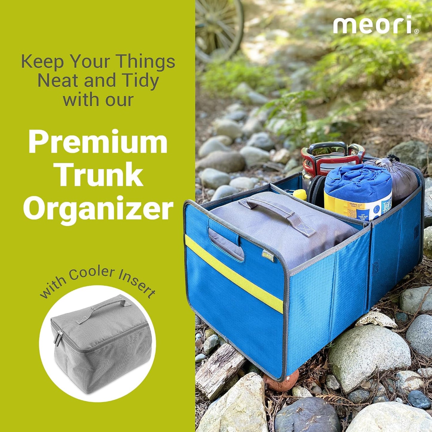 meori Collapsible Trunk Organizer for Car with Cooler for Groceries Road Trips 2 Compartments Heavy Duty Mesh Pocket Ripstop
