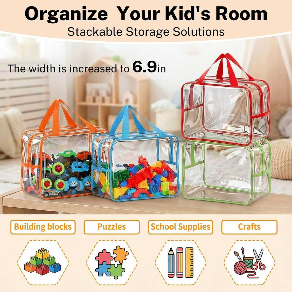 6 Packs Large Toy Storage Bags, Reusable Clear PVC Storage Bags with Zipper, Travel Waterproof Organizer Bags for Puzzles, Building Blocks,Board Game, Kids Books, Stationery(Colorful)