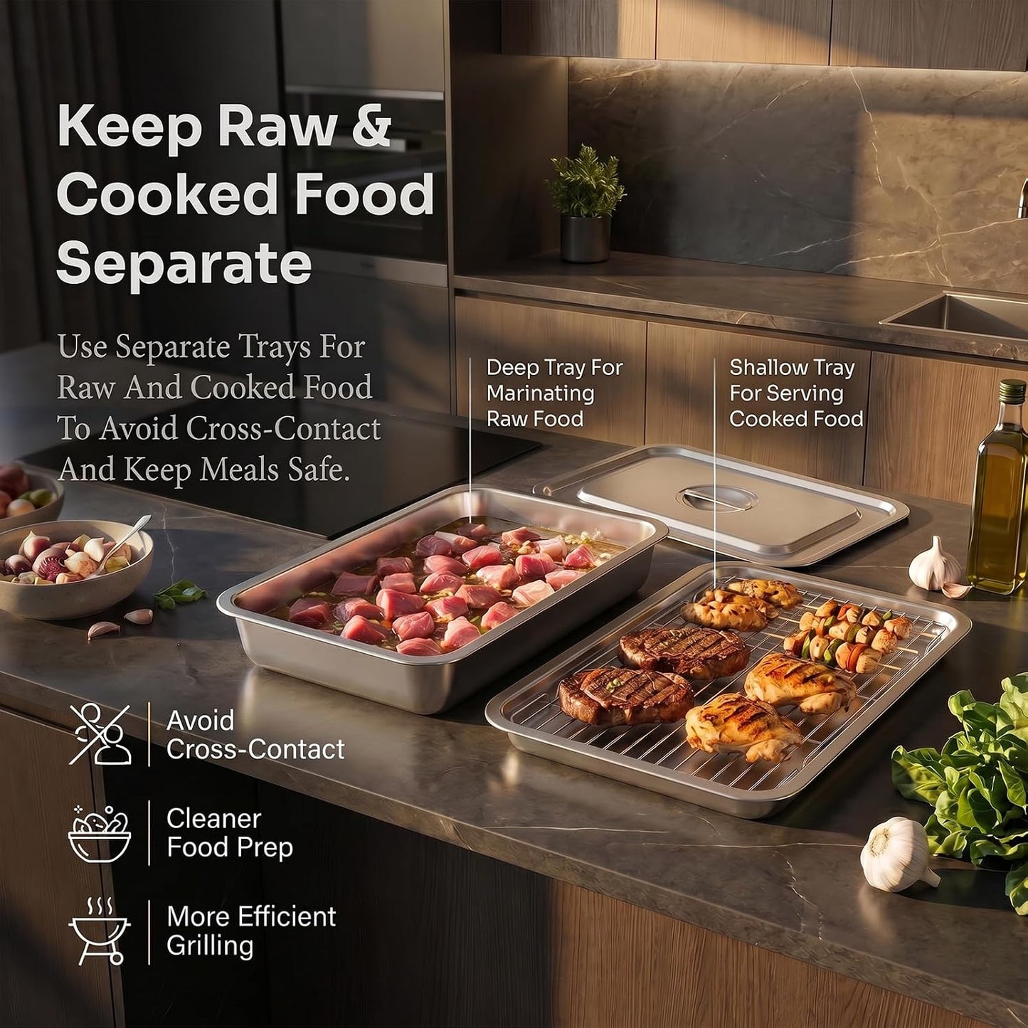 Grilling Prep and Serve Tray Set with Lids, Set of 5 Food Prep System, Includes Stackable Stainless Steel BBQ Trays, Deep Marinating Container and Raised Racks for Marinating, Carrying & Serving