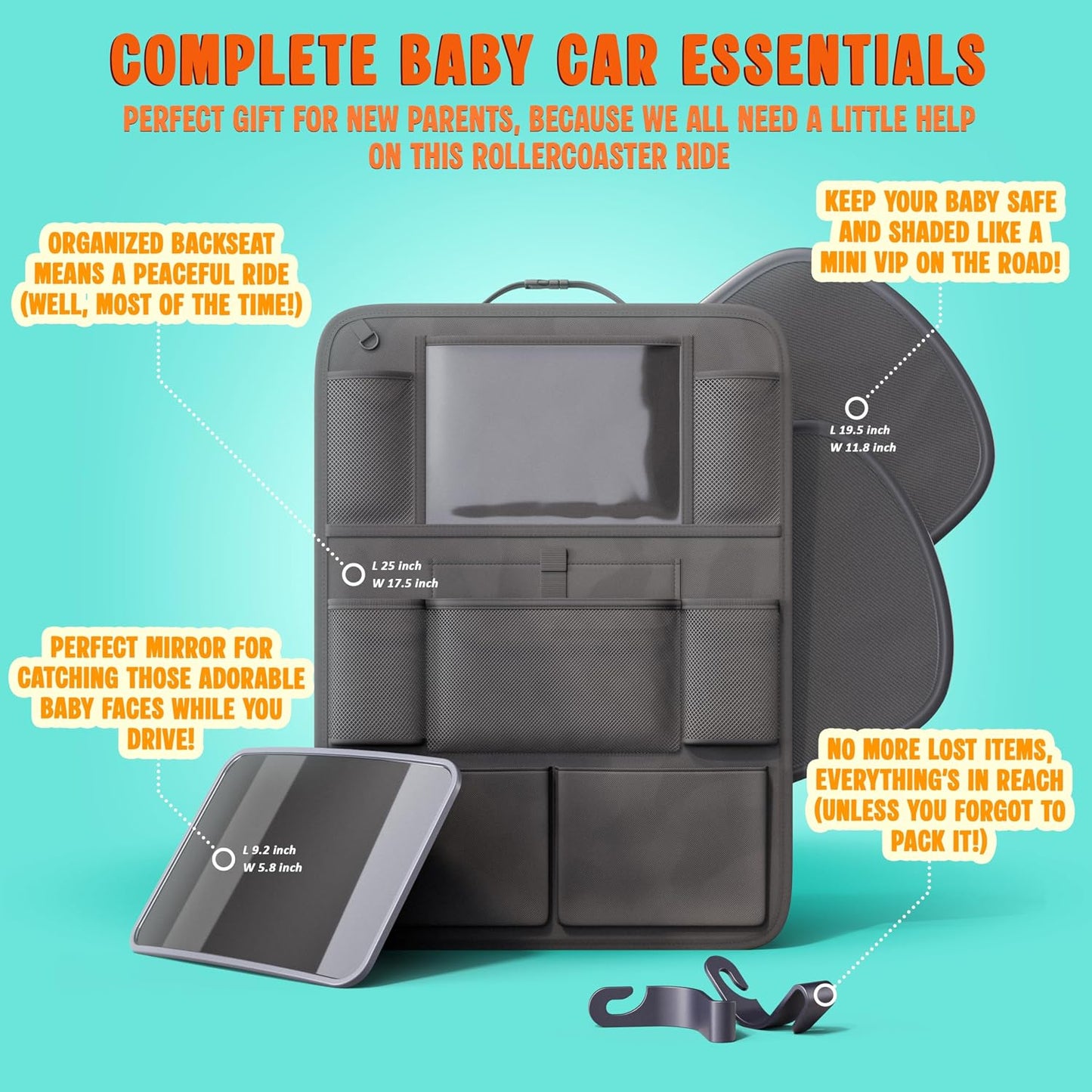 Baby Car Essentials Starter Kit for New Parents w/ 1 Backseat Organizer 2 Window Sun Shades 2 Headrest Hooks 1 Rear Facing CarSeat Mirror – Baby Car Stuff Must Haves & Newborn Essentials