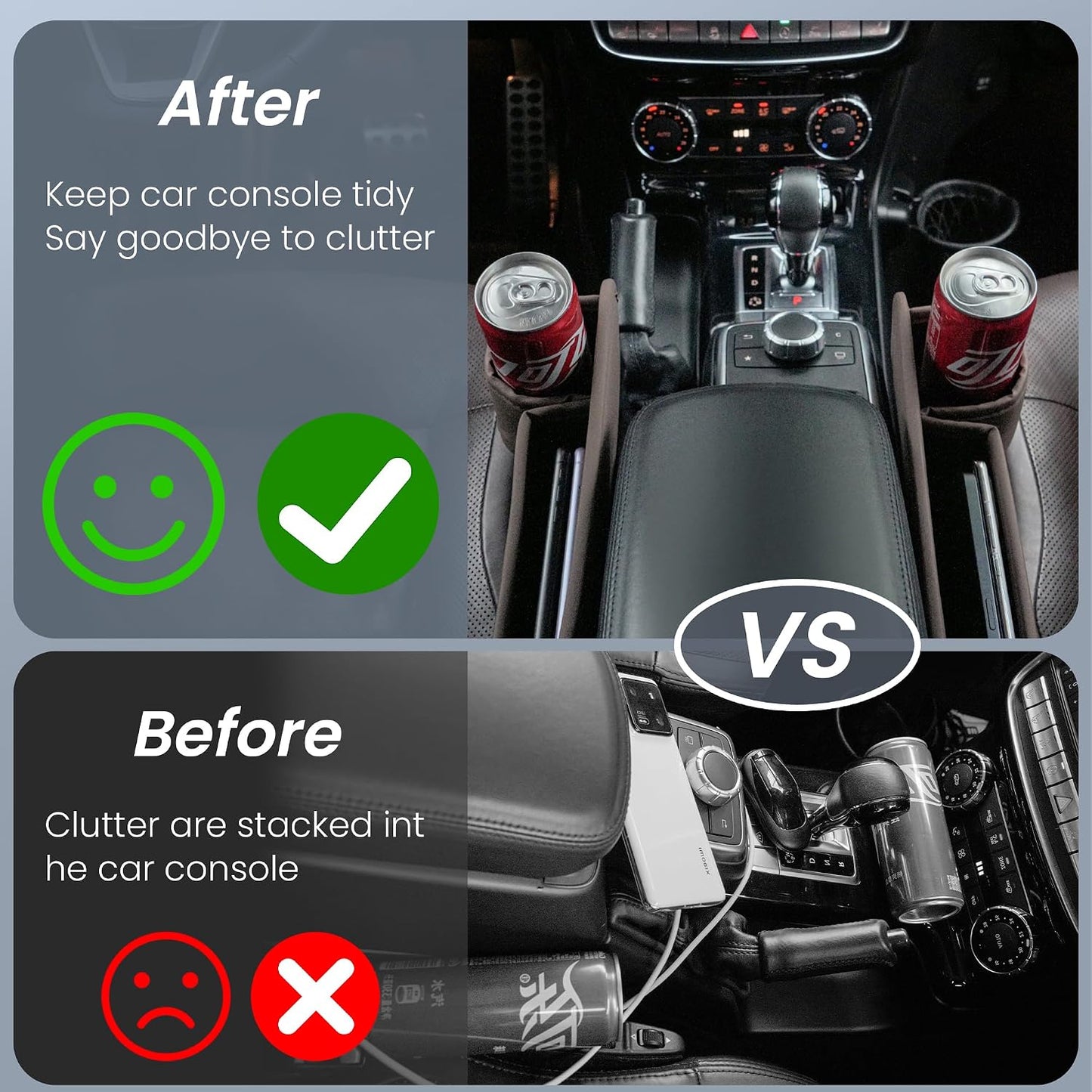 2 Packs Universal Fit Car Seat Gap Filler Organizer, Premium Leather Anti-Drop Car Side Gap Storage with Cup Holder for Phone, Keys, Sunglasses & Drinks (Black)