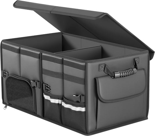 Trunk Organizer Car Organizer Leather Storage Box Foldable Trunk Organizer for SUVs & Sedans Sturdy Car Organization for Car Accessories, Tools, Sundries, Collapsible and Adjustable, 23.6 Inch
