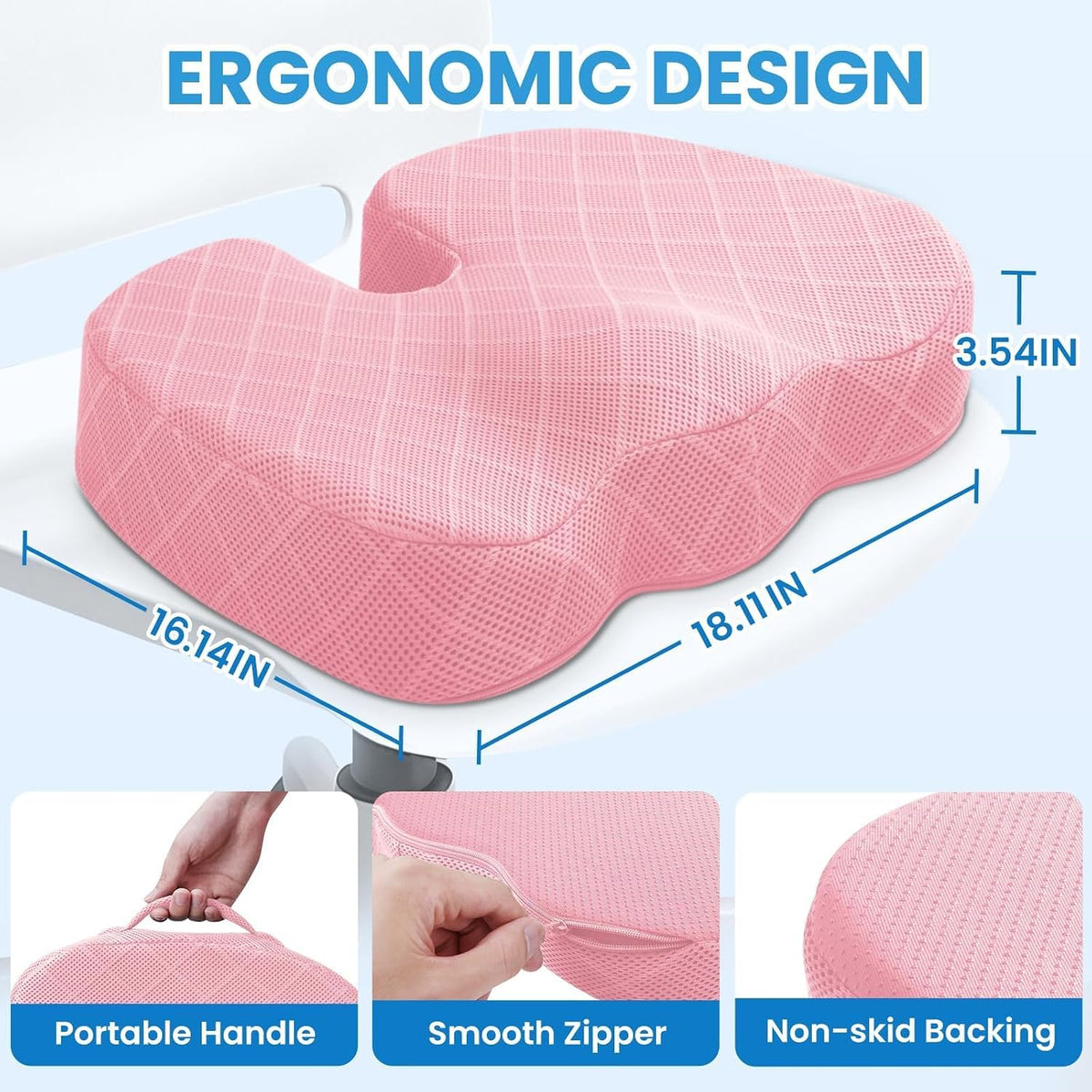 TushGuard Seat Cushion, Memory Foam Office Chair Cushion - Pink, X-Large