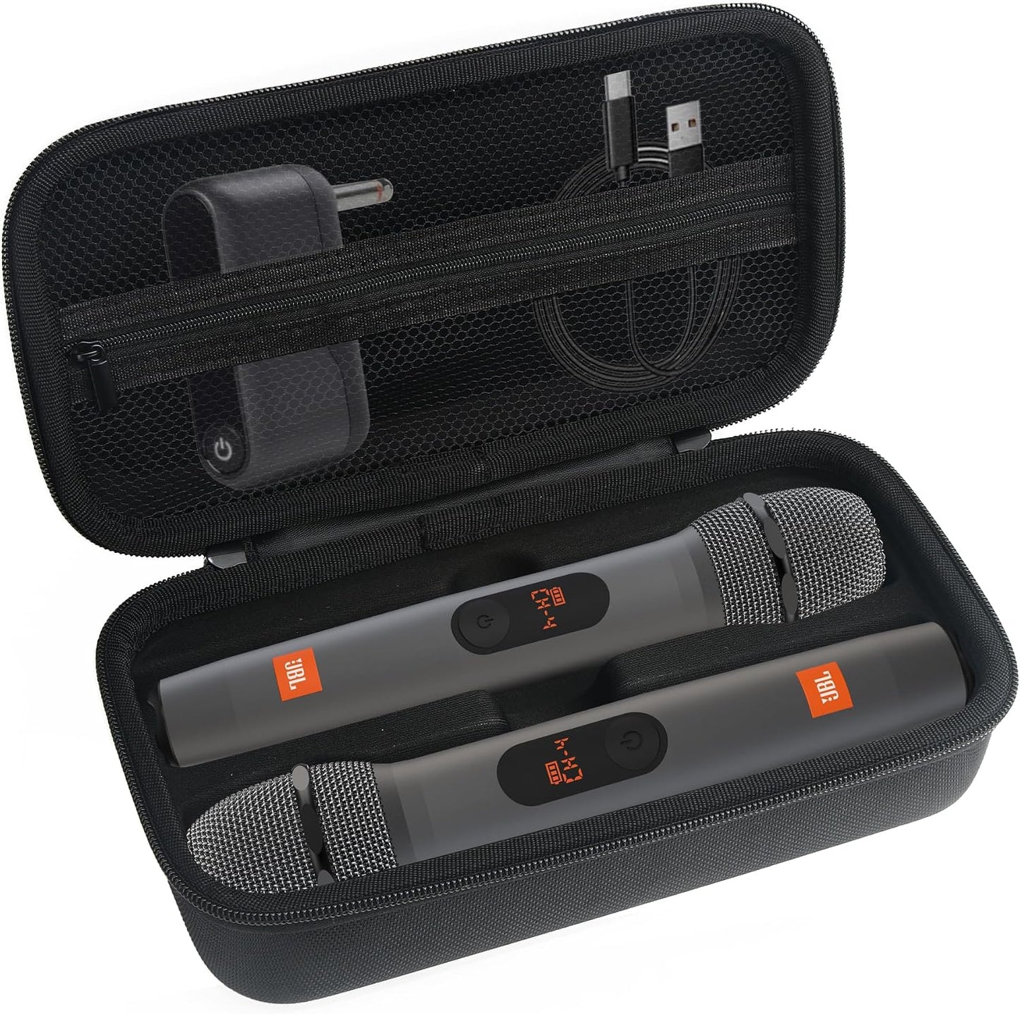 Wireless Microphone Carrying Case Compatible with JBL Dual Microphone System | Portable Storage Bag for Handheld Mics, Receiver, Adapters & AA Batteries | for Karaoke Singing and Party Box Events
