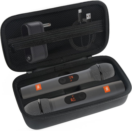 Wireless Microphone Carrying Case Compatible with JBL Dual Microphone System | Portable Storage Bag for Handheld Mics, Receiver, Adapters & AA Batteries | for Karaoke Singing and Party Box Events