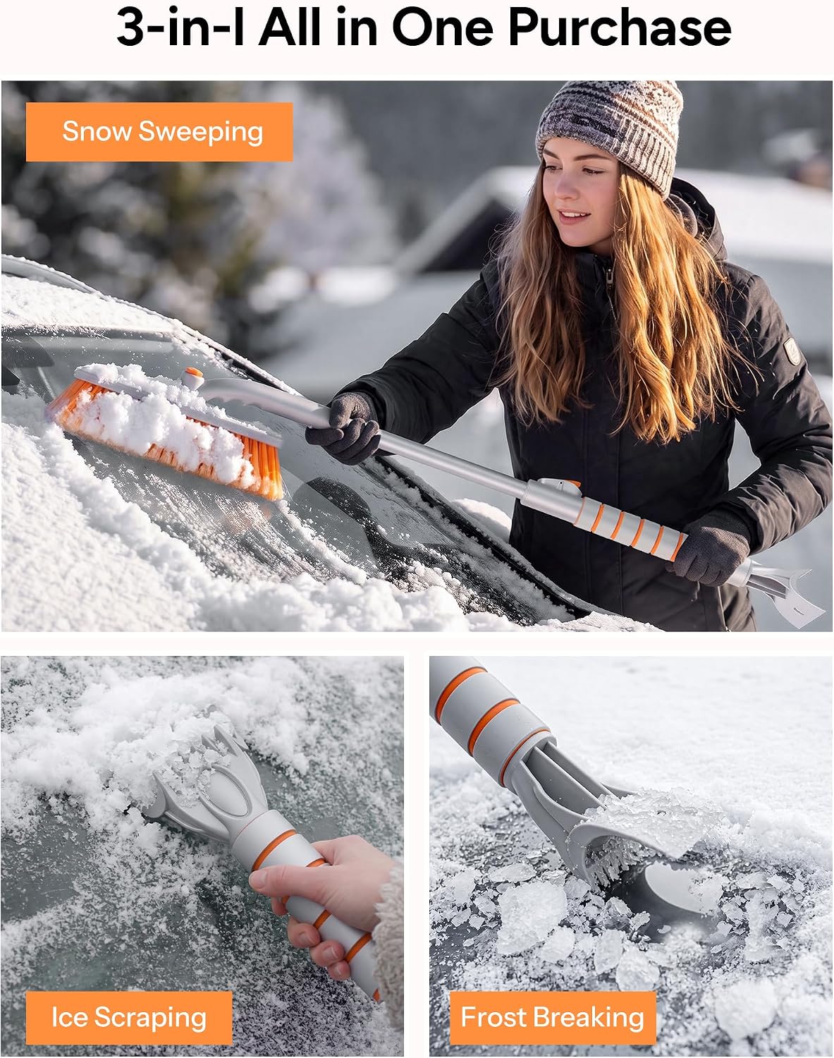 36.2" Snow Brush with Ice Scraper for Car, 3-in-1 Versatile Design