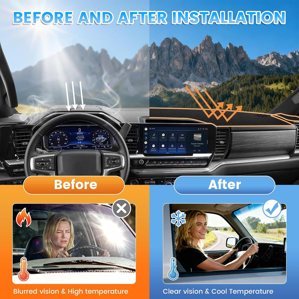 KUST Black Dash Cover Compatible with 2022-2025 2026 Chevy Chevrolet Silverado/GMC Sierra 1500 2500HD 3500HD (with HUD) (Only fit The 13.4-inch Screen Dashboard) Dashboard Cover Accessories