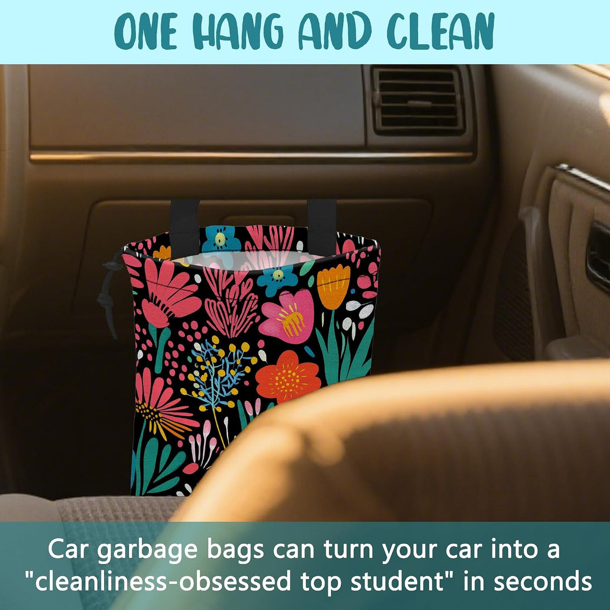 Car Garbage Bag Modern Flower and Green Leaves Hanging Canvas Car Trash Bag Drawstring Car Back Seat Organizer for Car Back Front Seat Console with Adjustable Buckle