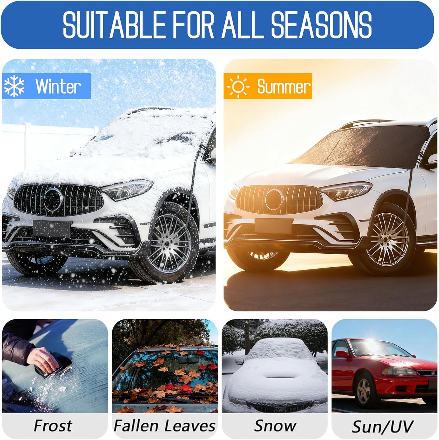 KALINCO Windshield Cover for Ice and Snow, 600D Oxford Fabric Car Windshield Snow Cover, Anti-Frost Waterproof Winter Windshield Covers, Fits Most Cars SUVs Trucks Sedans