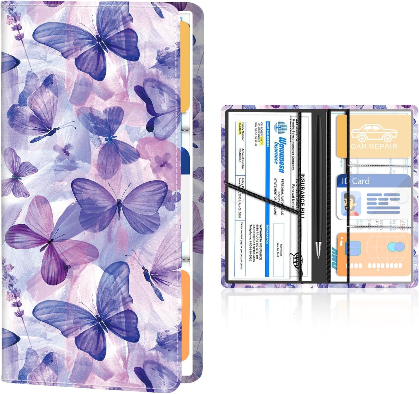 Premium Leather Car Registration and Insurance Card Holder with Magnetic Shut, Cute Vehicle License Document Glove Box Compartment Organizer Cool Car Accessories Blue Purple Butterfly