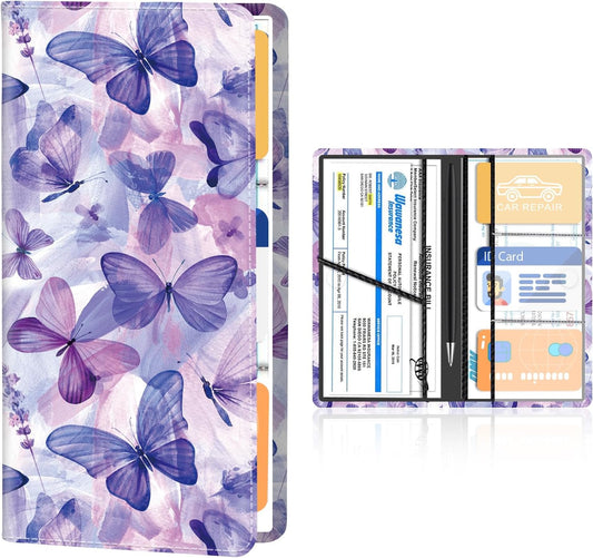 Premium Leather Car Registration and Insurance Card Holder with Magnetic Shut, Cute Vehicle License Document Glove Box Compartment Organizer Cool Car Accessories Blue Purple Butterfly