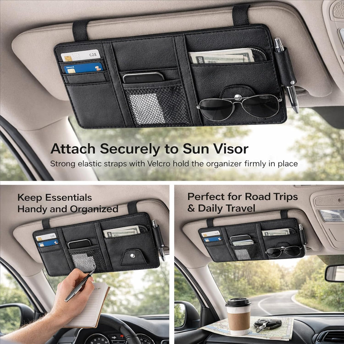 Car Sun Visor Multi-Pocket Organizer — Black (Universal Car/SUV/Truck Storage Pouch)