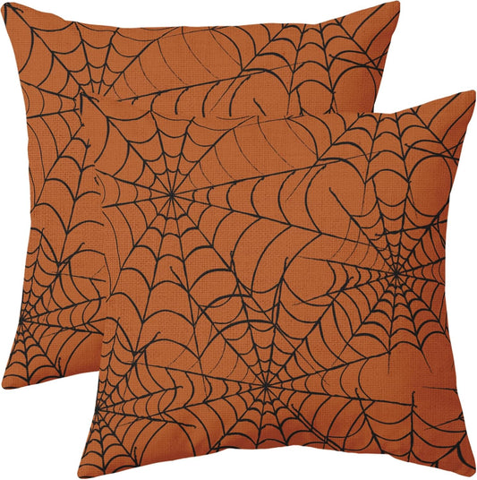 Burnt Orange Halloween Spiderweb Pillow Covers 18x18 Set of 2 Black Web Outdoor Decorative Throw Pillows Halloween Scary Themed Farmhouse Pillowcases Linen Cushion Case Decor for Home Sofa Couch Bed