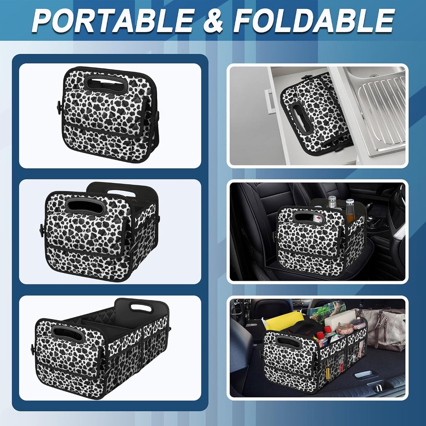 Deosk Trunk Organziers and Storage with Reinforced Handles,Car Accessories for Women/Men 50L Waterproof Polyester Trunk Organzier for Car/SUV/Minivan/Truck(Medium, Cow print)