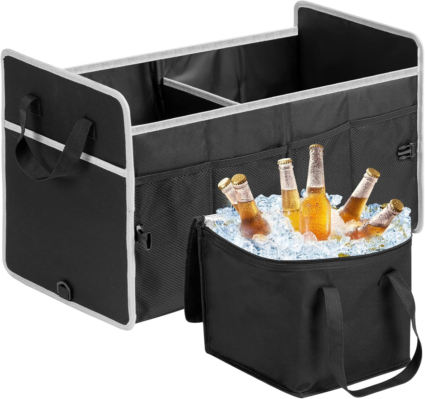 Car Trunk Organizer with Individual Cooler Bag - 2 Compartment Collapsible Car Storage for SUV (Black)