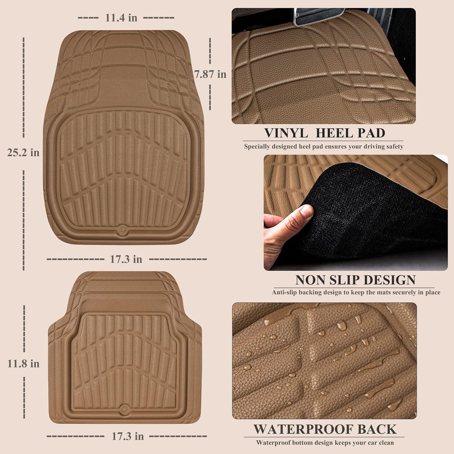 CASS Pass 4 Piece Leather Car Floor Mats -3D Waterproof All Weather, Universal Trim to Fit & Anti-Slip Burr Bottom Safety & Light Easy Clean Install for SUV Truck Auto Sedan Van (Beige)