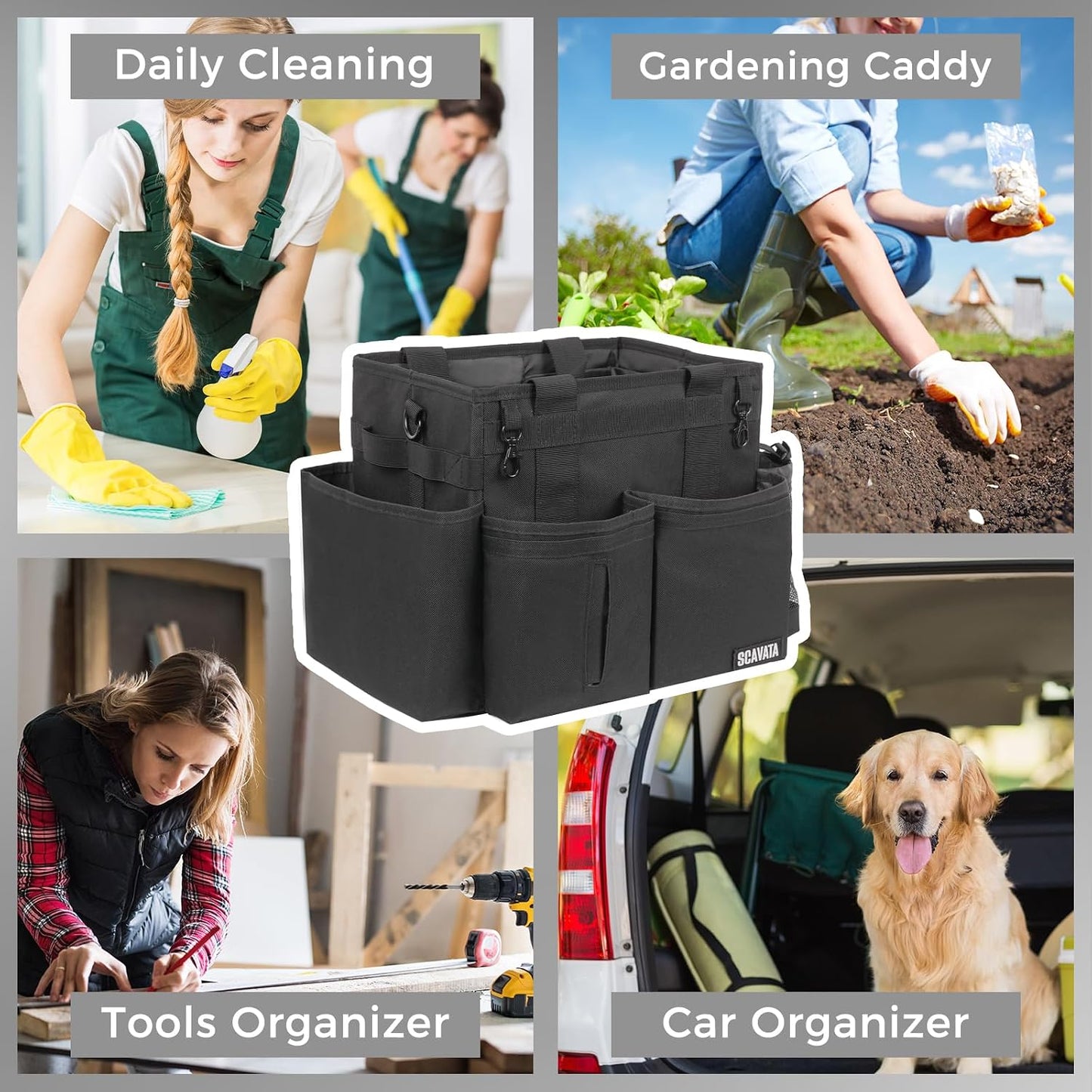 SCAVATA Compact Wearable Cleaning Caddy, Small Supplies Organizer with Handle & Shoulder Straps for Housekeepers, Under Sink & Car Cleaning Tool Organizer Bag (Black)